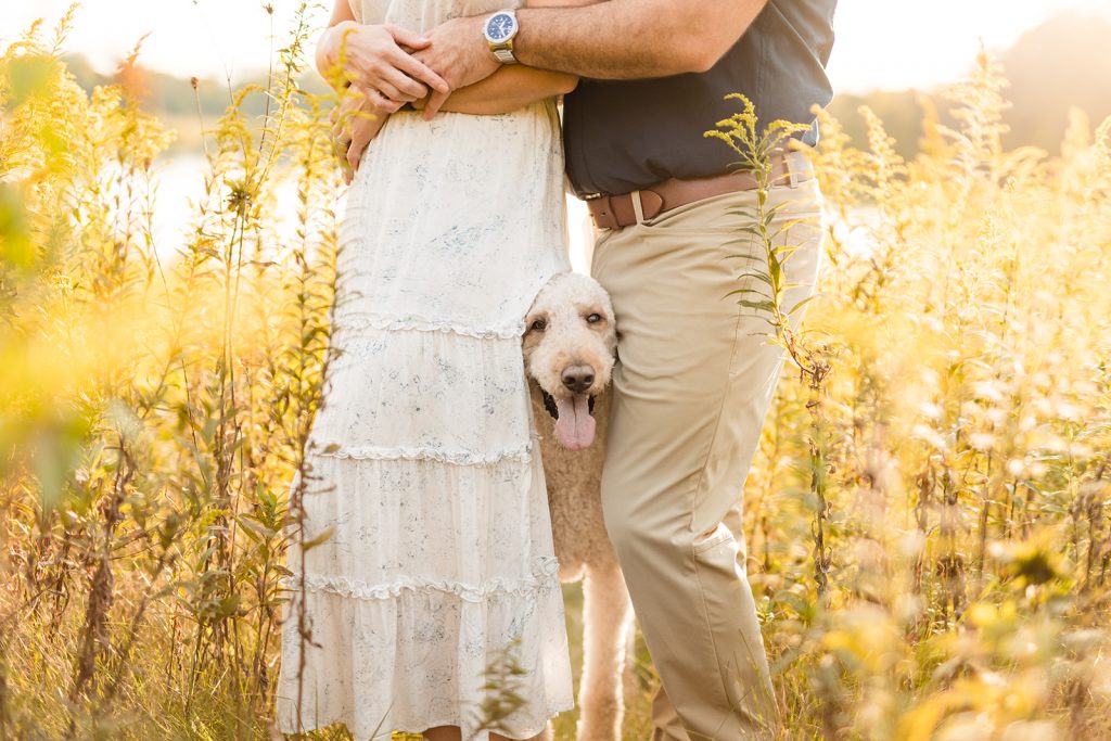 a dog peeks between his parents' legs during their engagement photos at Prairie Oaks Metro Park