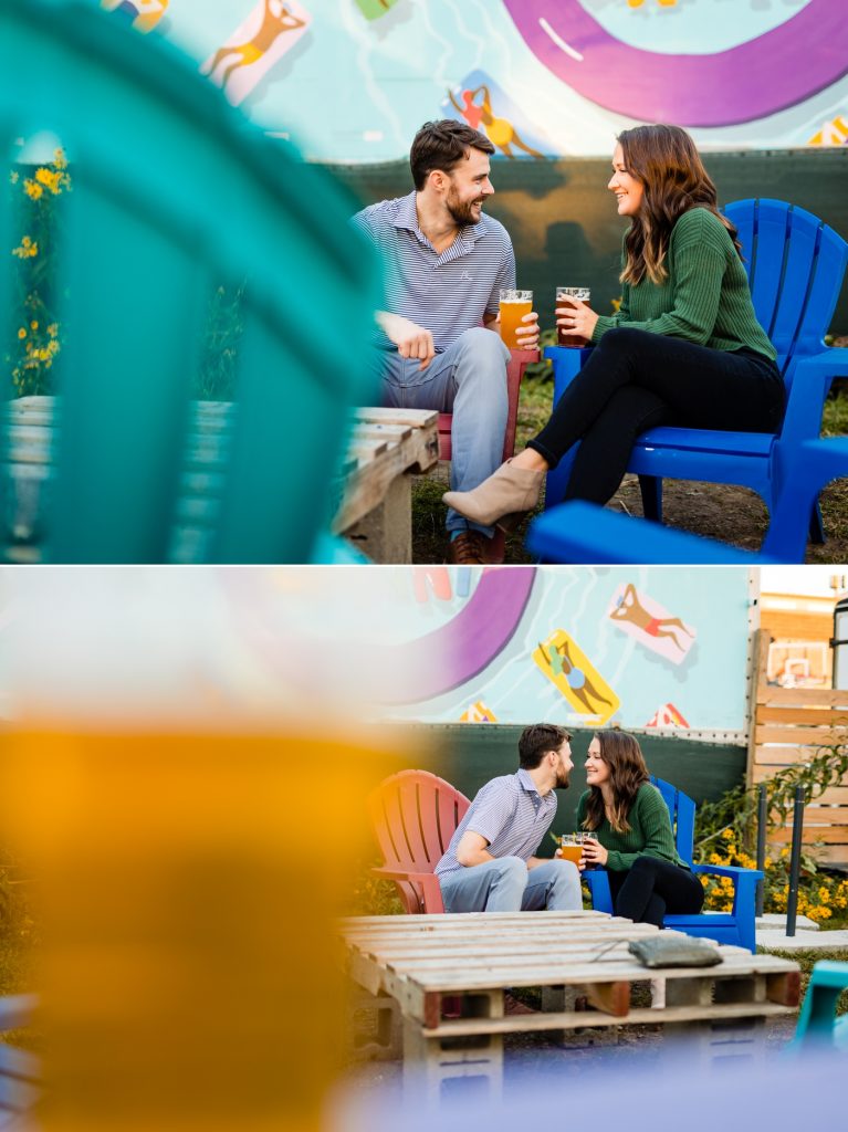 a couple drinks a beer during their engagement photos at Land Grant Brewing