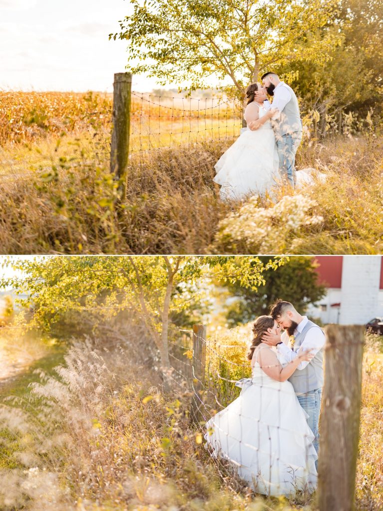 a couple hugs in a field after their Wren Farm wedding
