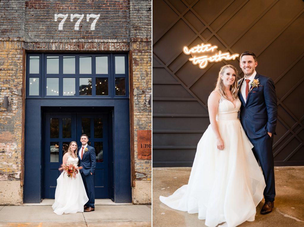 a couple poses in front of the photogenic spots after their wedding at Edison 777