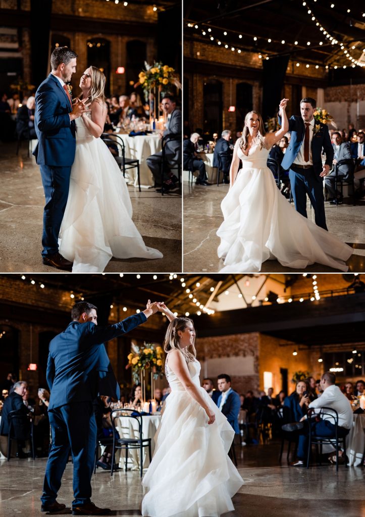 a couple shares their first dance during their wedding at Edison 777