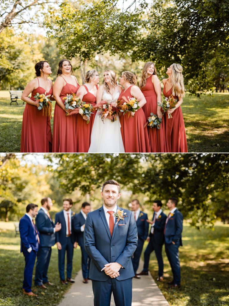 a bride poses with her bridesmaids and a groom with his groomsmen at Goodale Park before their wedding at Edison 777