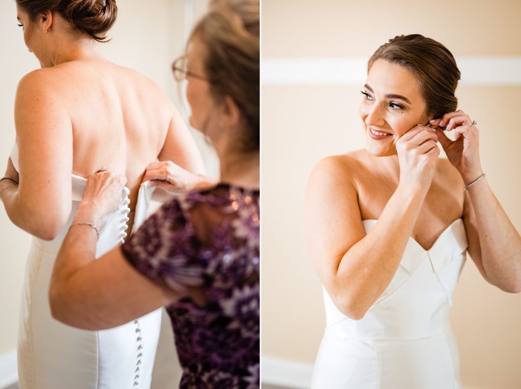 a bride gets dressed before her wedding at Lashutka Event Center