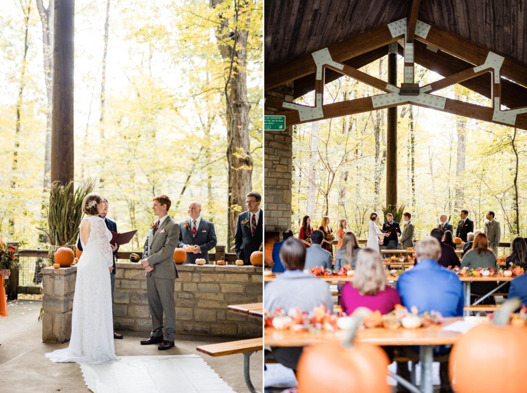 a wide photo of a small ceremony at a fall themed wedding at Shadblow Shelter in Blendon Woods