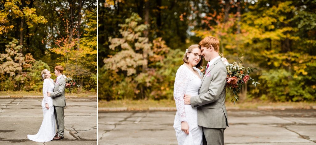 a couple pose for photos in front of the fall colors after their fall themed wedding at Shadblow Shelter in Blendon Woods