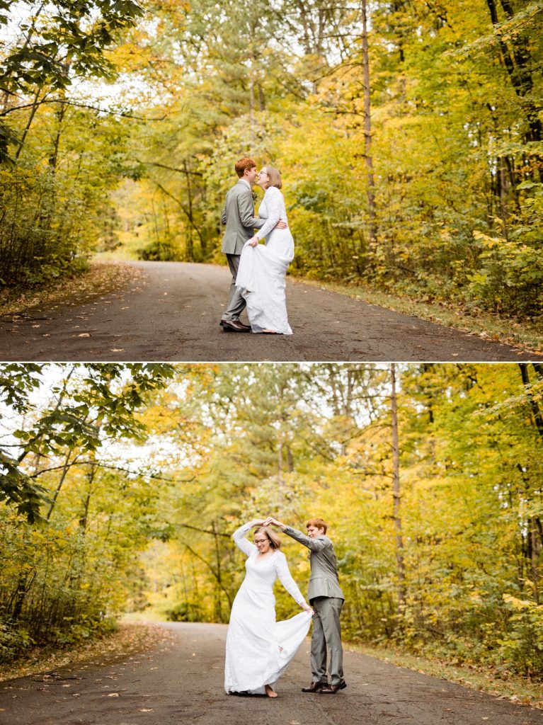 a couple dances in the road after their fall themed wedding at Shadblow Shelter in Blendon Woods