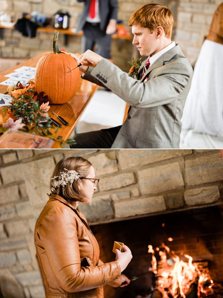 a couple roasts marshmallows and carves pumpkins at their fall themed wedding at Shadblow Shelter in Blendon Woods