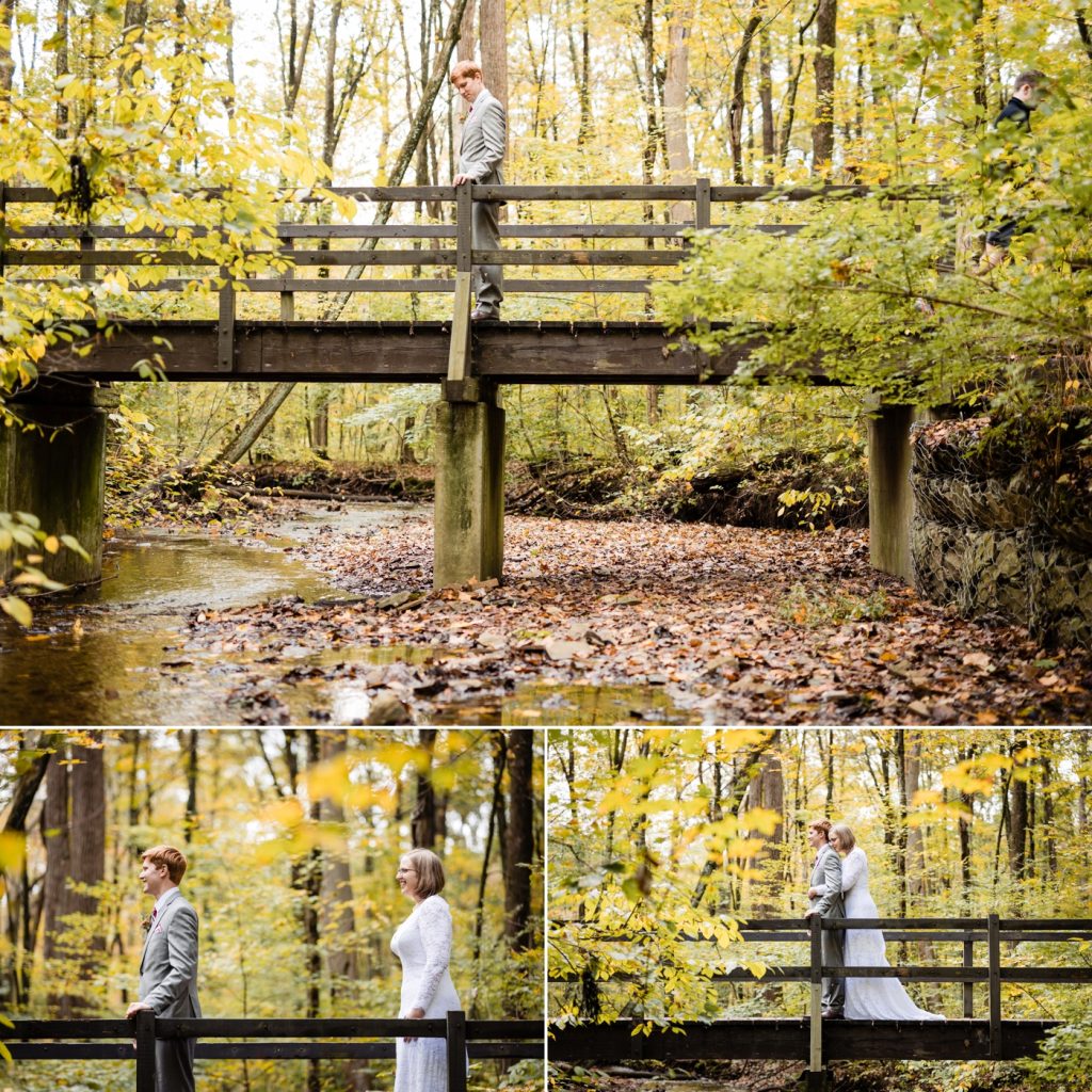 a couple shares their first look before their fall themed wedding at Shadblow Shelter in Blendon Woods
