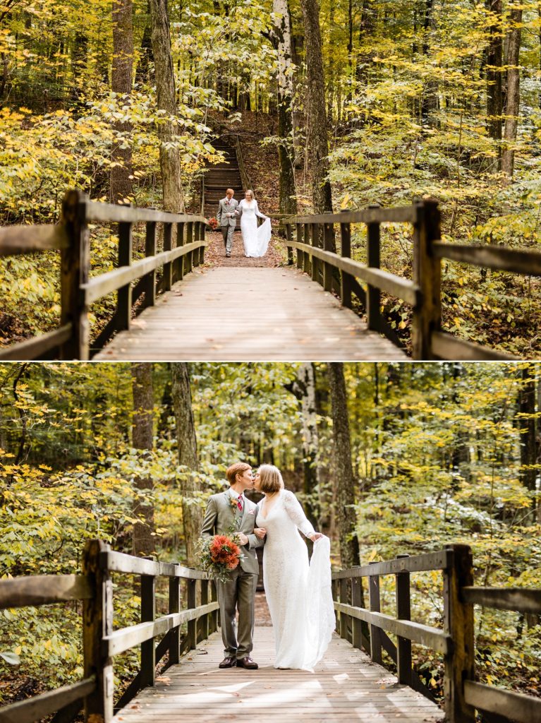 a couple walks across a bridge before their fall themed wedding at Shadblow Shelter in Blendon Woods