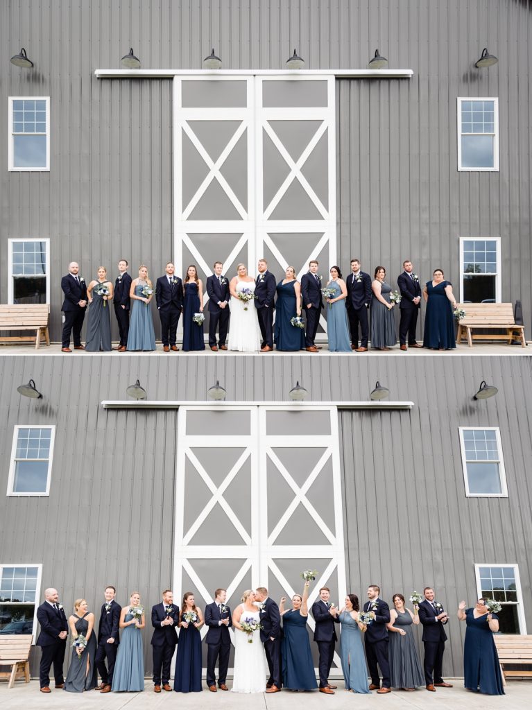 a wedding party has fun in front of the barn before a wedding at Four Seasons Barn