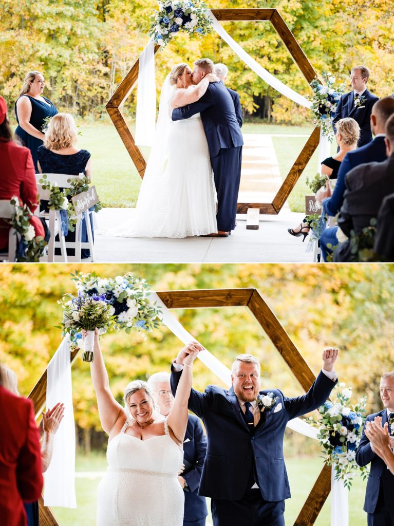 a couple shares their first kiss during their wedding at Four Seasons Barn