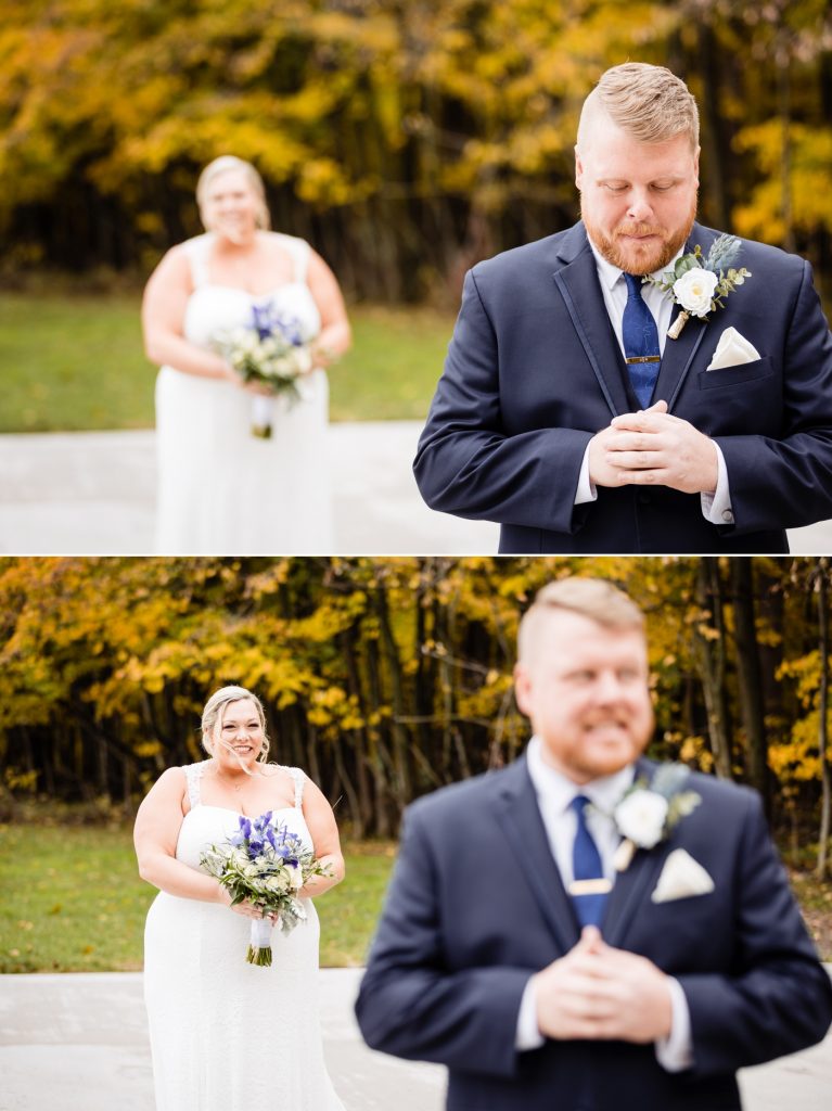 a couple is full of excitement during their first look before their wedding at Four Seasons Barn