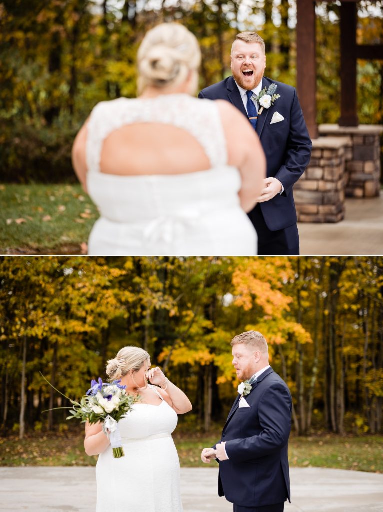 a couple gets emotional during their first look before their wedding at Four Seasons Barn