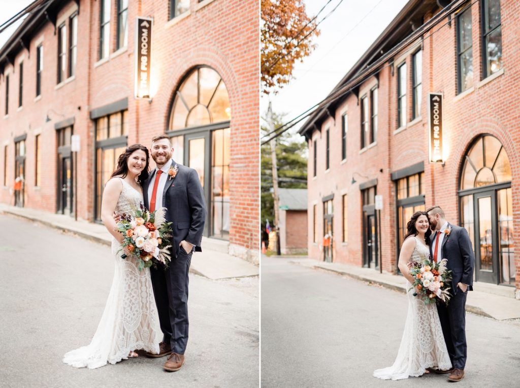 a couple poses in front of The Fig Room after their wedding there