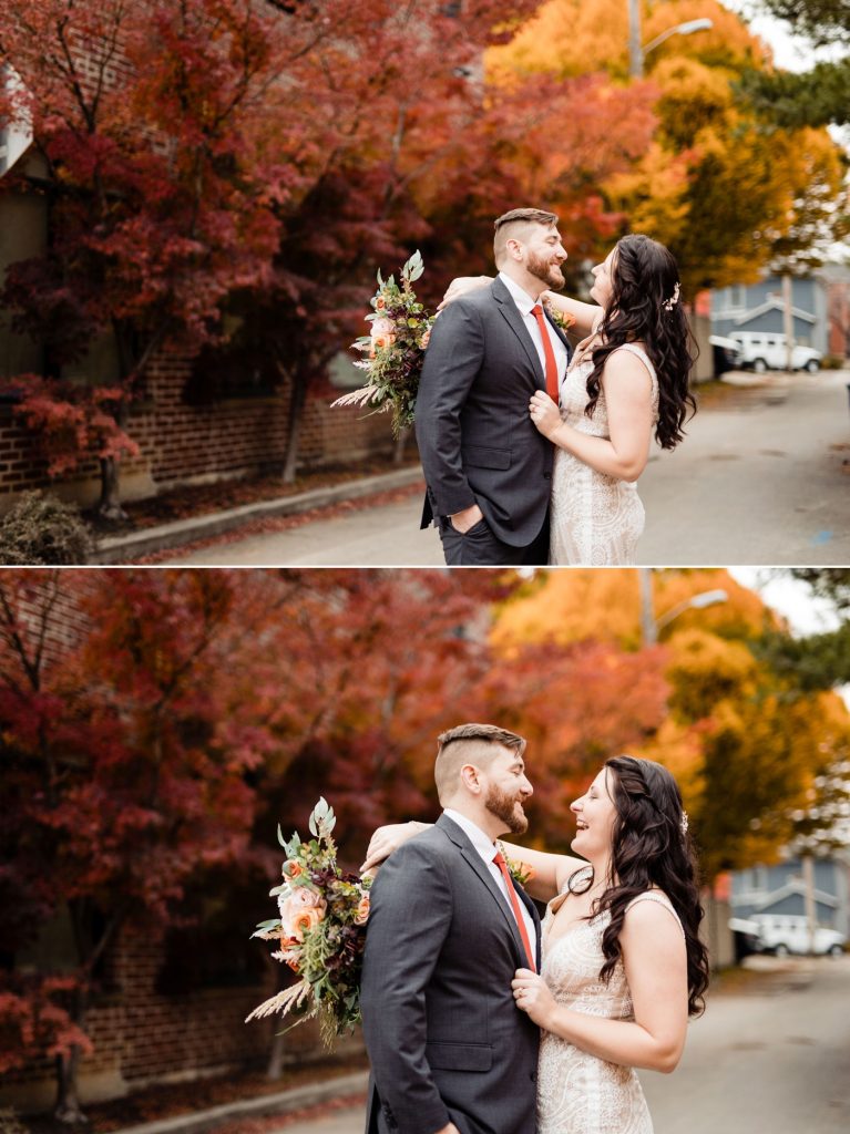 beautiful fall colors behind a couple after their wedding at The Fig Room