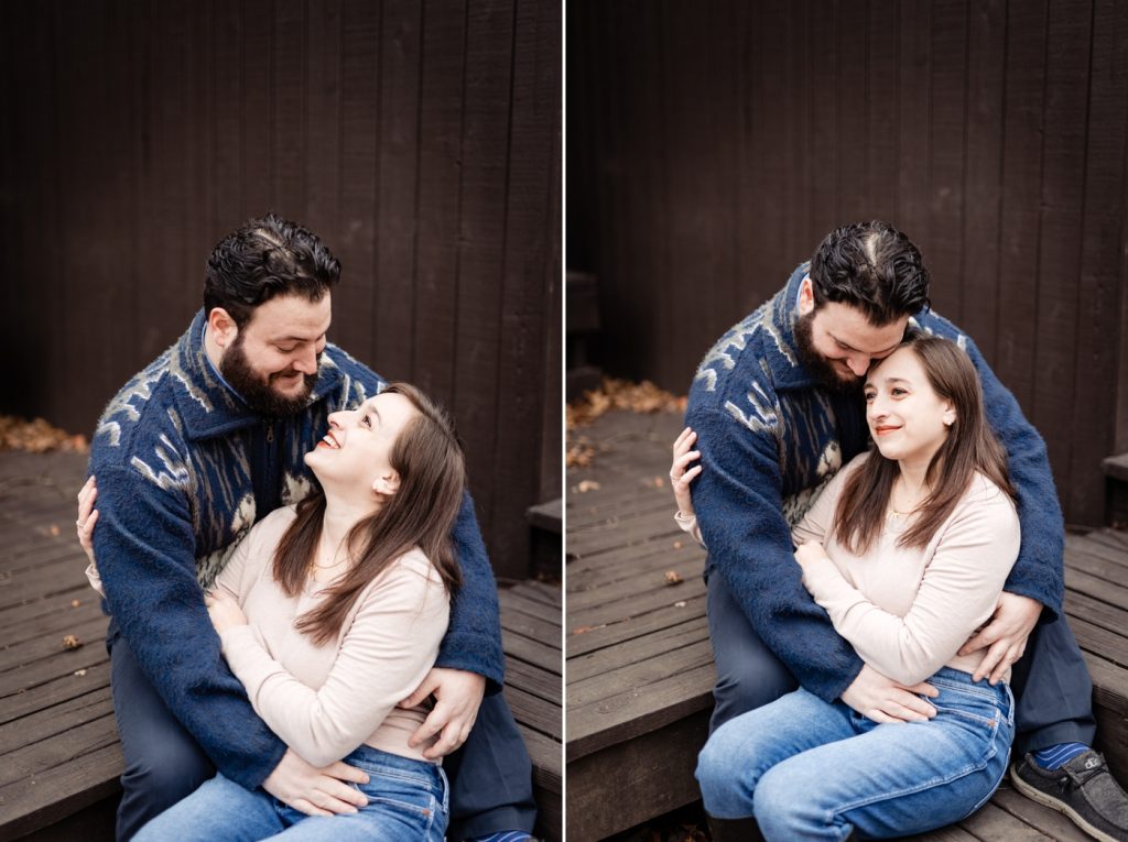 a couple poses on the steps of a home during their engagement photos in Lancaster