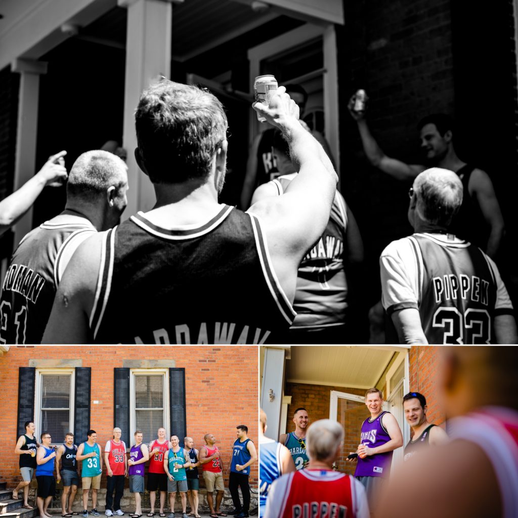 Caitlin and Jason High Line Car House Wedding - groomsmen hanging out in basketball jerseys