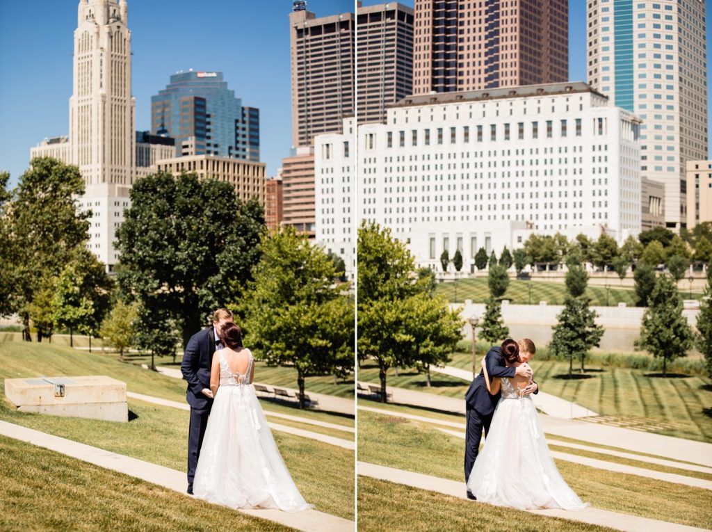 Caitlin and Jason High Line Car House Wedding - bride and groom first look hug