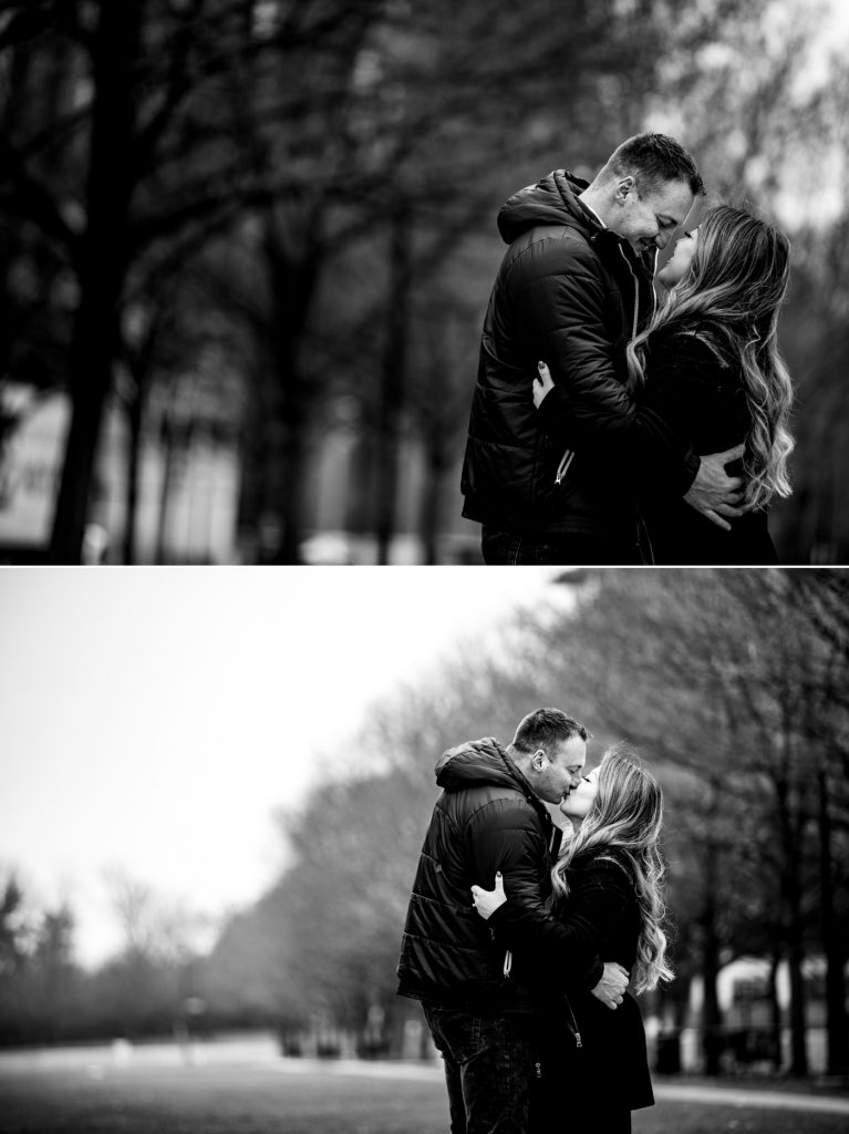 black and white photos of a couple kissing in McFerson Park