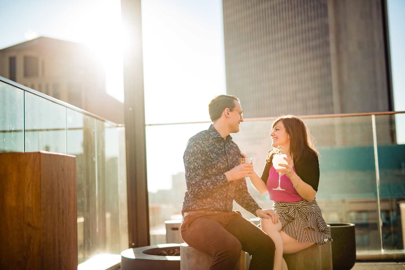 sunset during rooftop Goodale Station engagement photos