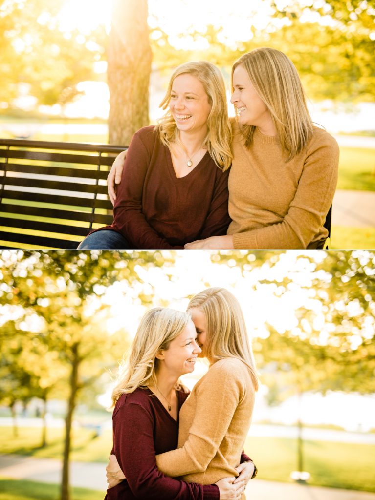 an LGBTQ couple cuddles and laughs during engagement photos at Bicentennial Park