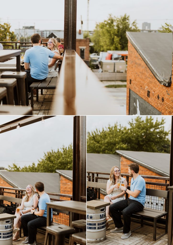 a couple enjoys a few beers during their engagement photos at Brewdog Franklinton