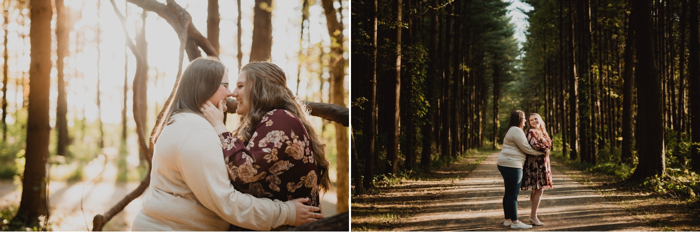 the sun shines on a couple during their engagement photos at Walnut Woods Tall Pines