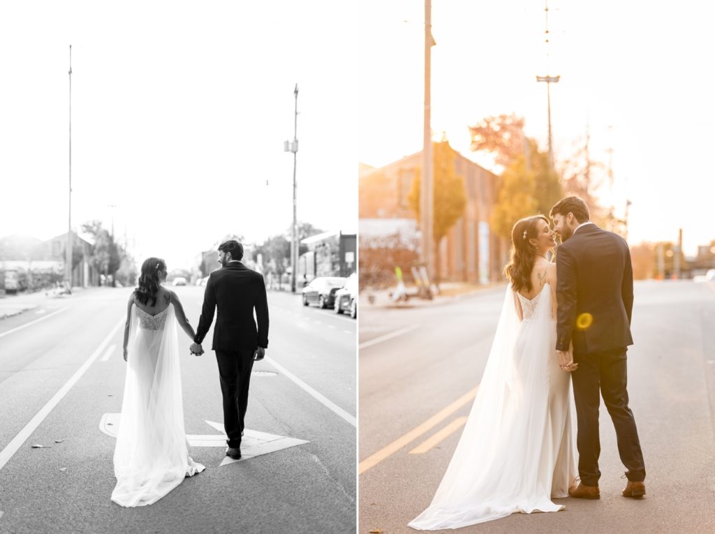 a couple walks through the street after their wedding at Strongwater