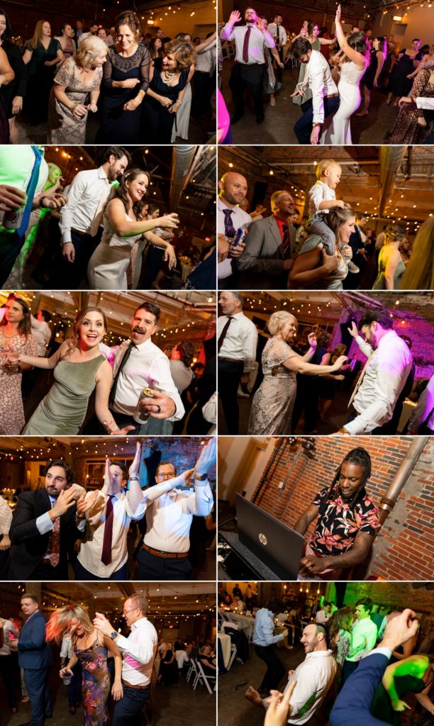 people dance at a reception at the end of a wedding at Strongwater