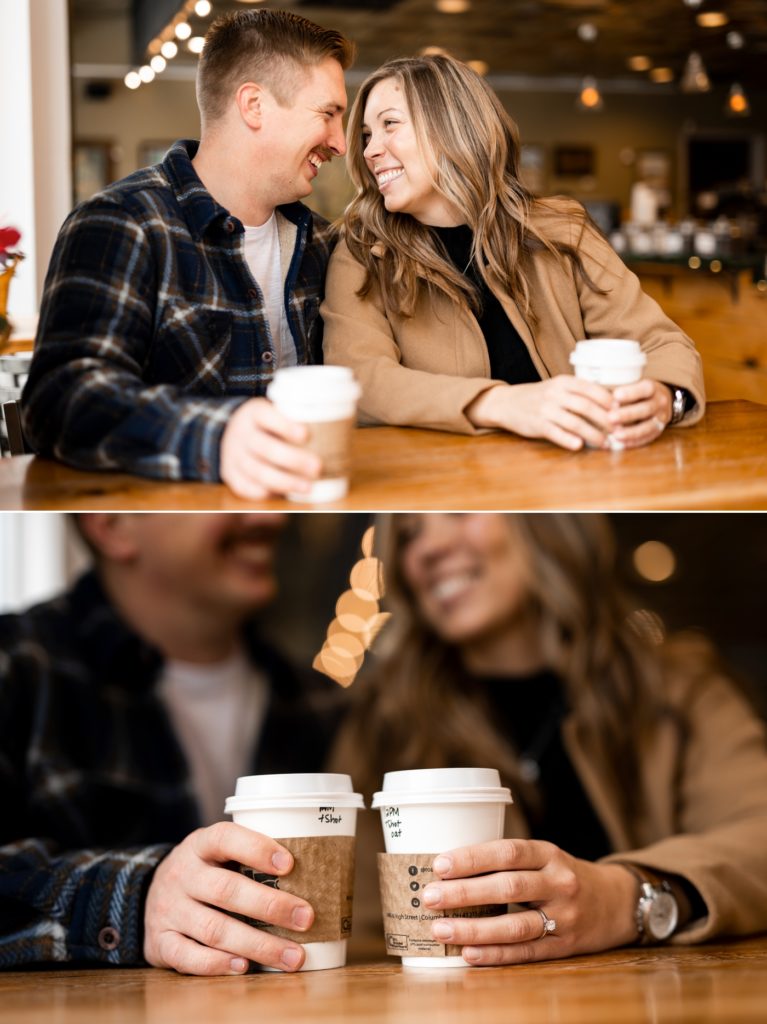 a couple shares coffee at Roaming Goat Coffee Shop before their snowy Short North engagement photos