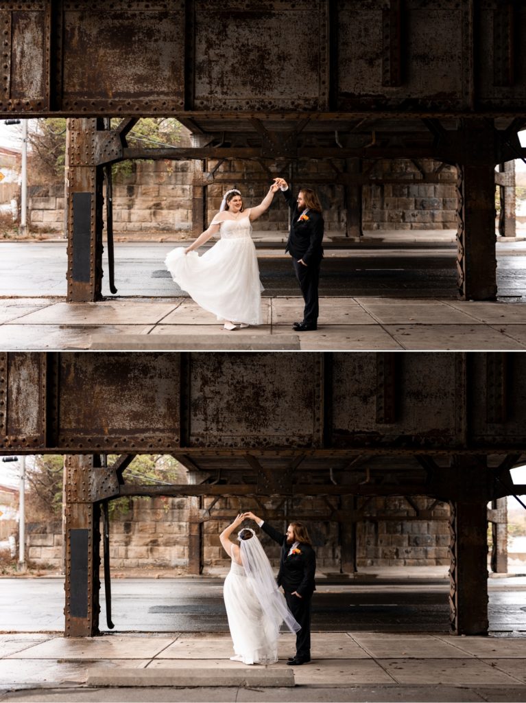 a couple slow dance under the train bridge before their wedding at Station 67
