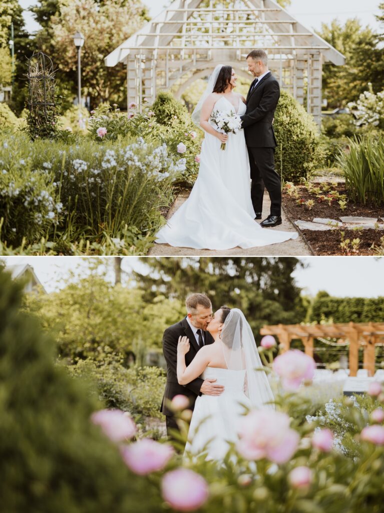 a couple kisses among the gardens before their wedding at Franklin Park Conservatory
