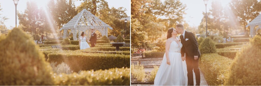 a couple walks among the gardens after their wedding at Franklin Park Conservatory