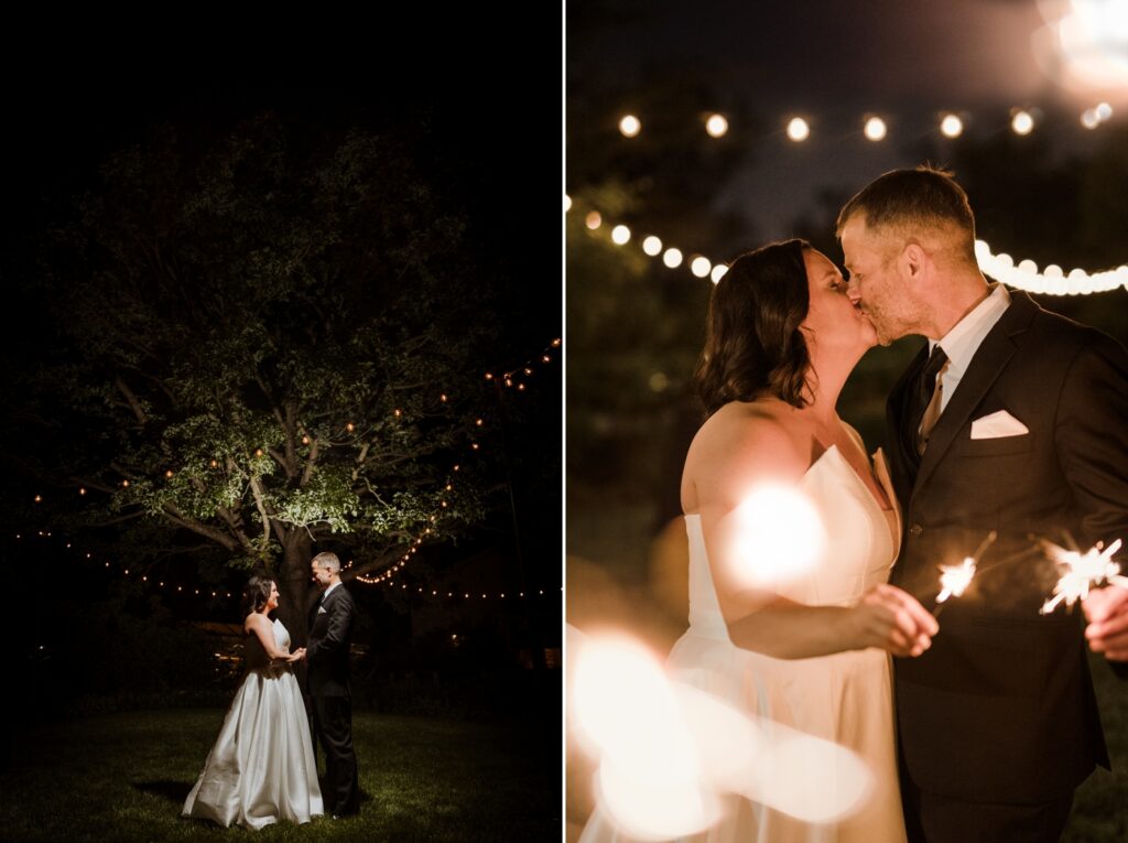 a couple takes photos with sparklers after their wedding at Franklin Park Conservatory