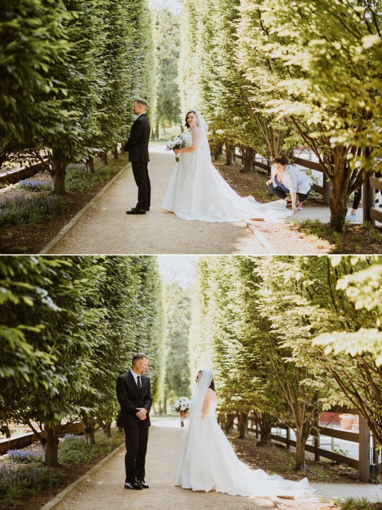 a couple shares a first look before their wedding at Franklin Park Conservatory